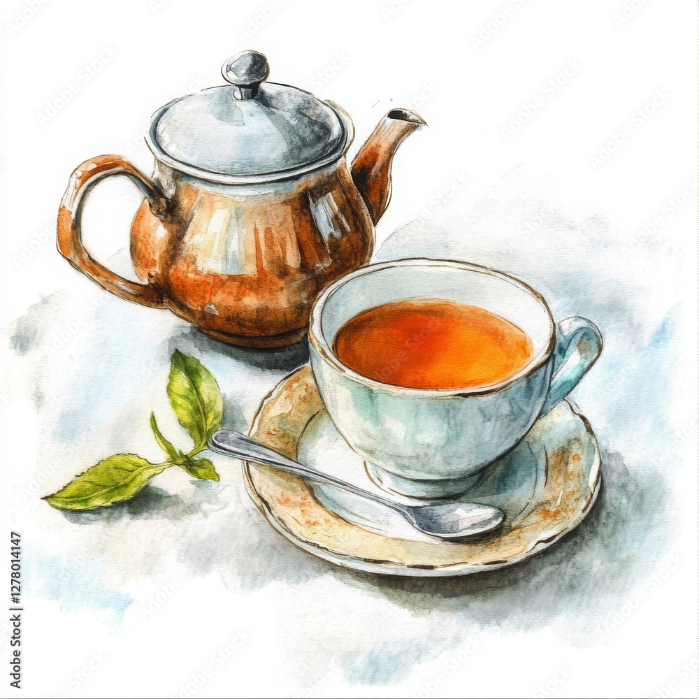 Illustration painted in realistic boho style shows cup of tea time Illustration painted in realistic boho style shows cup of tea time