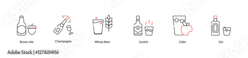 Vector Icons Set - Brown Ale, Champagne, Wheat Beer, Scotch, Cider, Gin