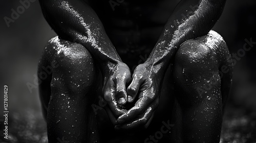 Embracing the Grit: A raw and evocative monochrome capture of a person's body covered in sweat or water, capturing the essence of struggle, resilience, and human form.