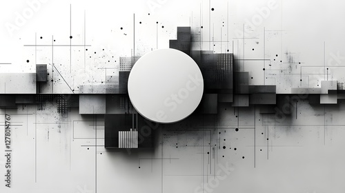 Abstract Technological Interface: A sophisticated and minimalist graphic showcases a central sphere amidst a network of interconnected squares and lines.