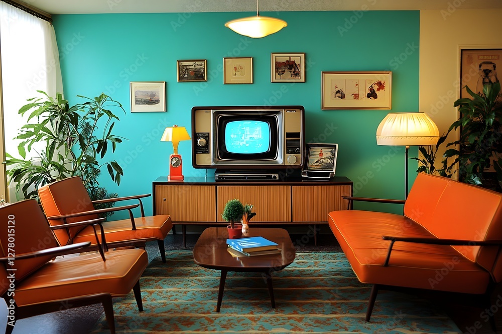 A 1970s-style living room with a futuristic twist, featuring a retro TV displaying 3D holograms and a robot pet. A 1970s-style living room with a futuristic twist, featuring a retro TV displaying 3D holograms and a robot pet.