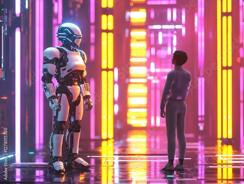 Humanoid robot and human interacting in a neon-lit corridor with vibrant colors