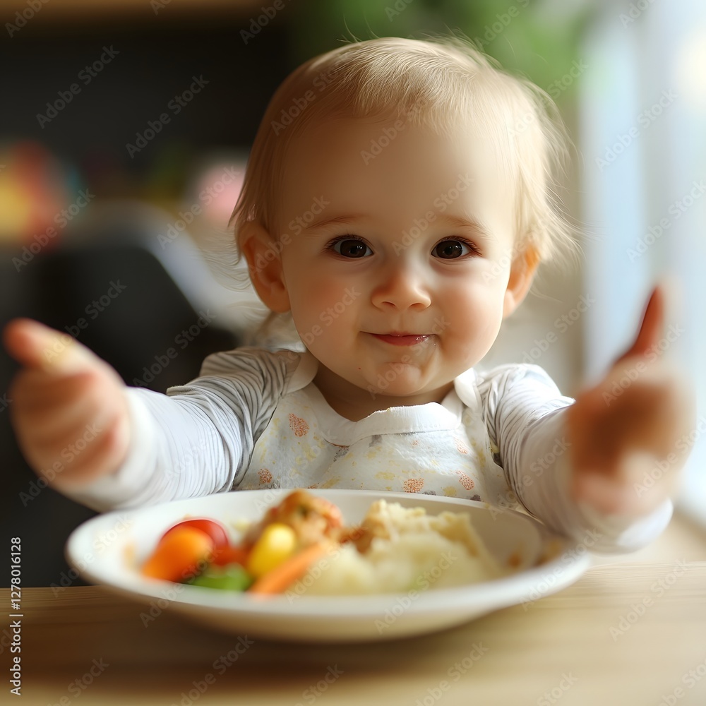 Cheerful baby enjoying tasty meal served on plate in high chair Cheerful baby enjoying tasty meal served on plate in high chair
