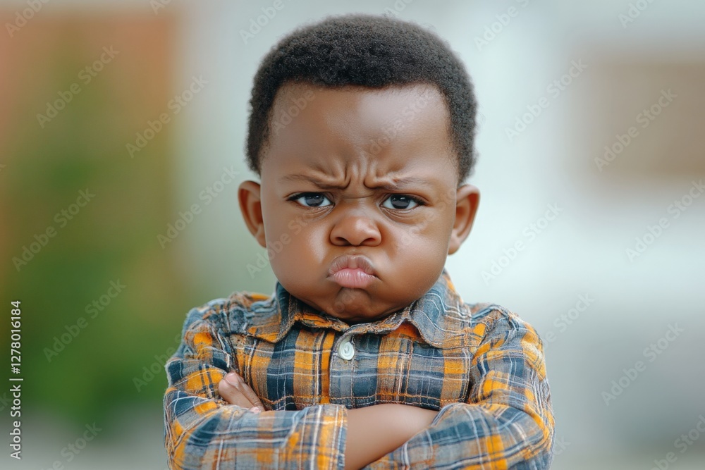 Young child with a serious expression standing outdoors with crossed arms in a casual outfit during daylight hours Young child with a serious expression standing outdoors with crossed arms in a casual outfit during daylight hours