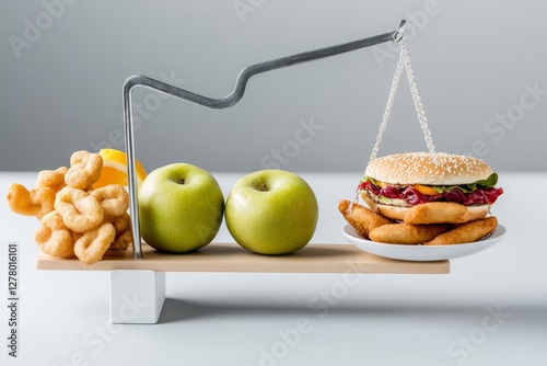 Fototapeta Naklejka Na Ścianę i Meble -  Balance between healthy fruits and fast food on a scale