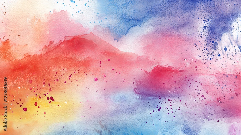 Obraz premium Abstract watercolor landscape blend of warm and cool tones captures a tranquil moment at sunrise over distant mountains and vibrant skies
