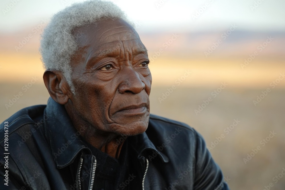 Thoughtful elderly man in a leather jacket gazes into the distance in a serene outdoor setting during golden hour Thoughtful elderly man in a leather jacket gazes into the distance in a serene outdoor setting during golden hour