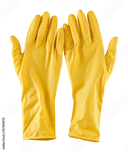 Paire de gants de ménage en caoutchouc jaune, isolée sur fond transparent