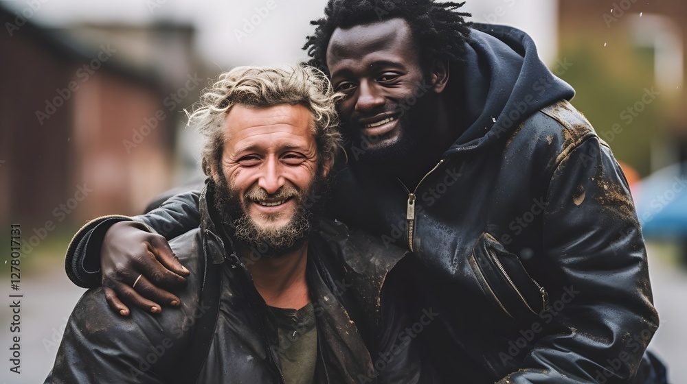 Fototapeta premium Compassionate Volunteer Offering Support and Comfort to a Homeless Individual in the City Highlighting the Importance of Kindness Empathy