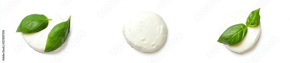 Three mozzarella balls with basil leaves on white background, food photography, recipe website Three mozzarella balls with basil leaves on white background, food photography, recipe website