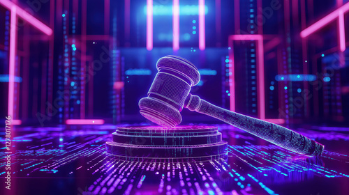 Digital judge's gavel made of glowing neon lines in a high-tech background