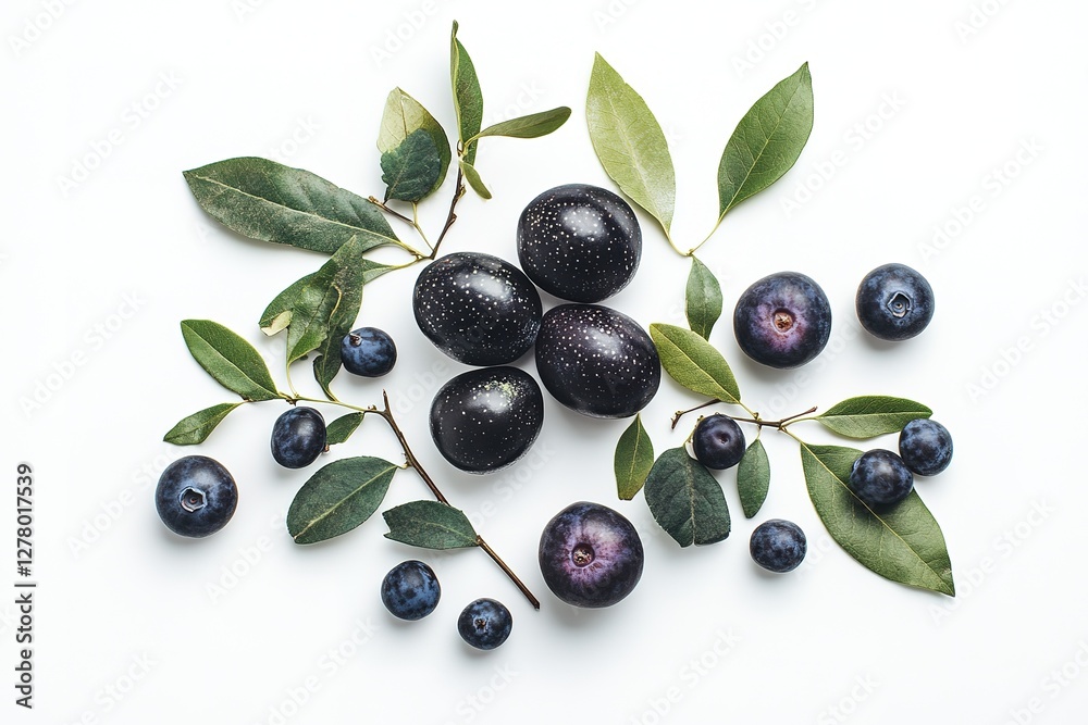 Mysterious Plum: Dark Jewel-toned Fruit with Lush Green Leaves. A captivating still life showcasing the rich, deep hues of a unique plum variety, perfect for culinary blogs, food packaging, and Mysterious Plum: Dark Jewel-toned Fruit with Lush Green Leaves. A captivating still life showcasing the rich, deep hues of a unique plum variety, perfect for culinary blogs, food packaging, and
