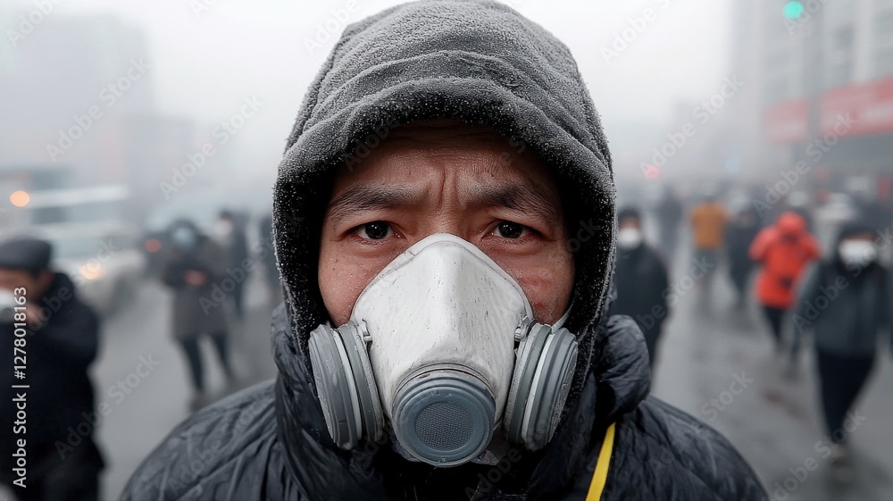 A city shrouded in thick smog, its towering skyscrapers barely visible, people wearing oxygen masks in the streets