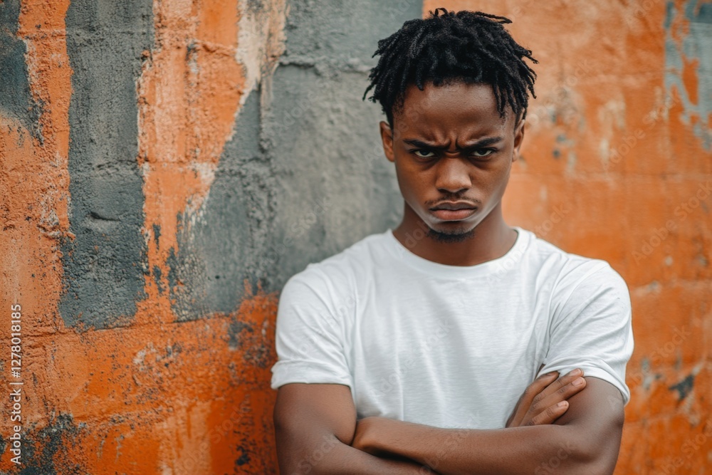 Young man with serious expression poses confidently against a textured orange and gray wall in an urban setting Young man with serious expression poses confidently against a textured orange and gray wall in an urban setting