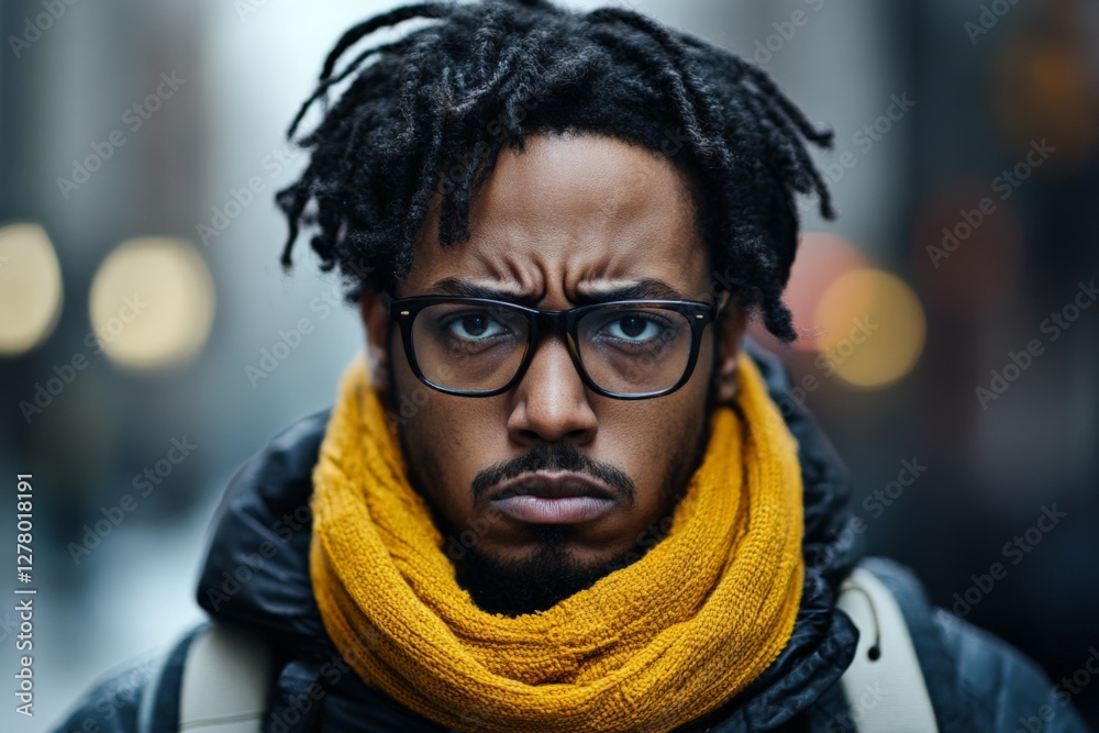 Obraz premium Thoughtful young man in a yellow scarf against a bustling urban background on a cloudy day