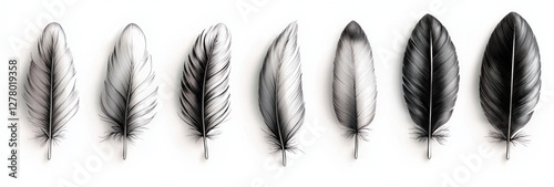 Black and white feather isolated on white background with smooth texture and soft fluffy appearance