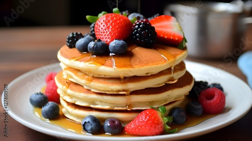 Wallpaper Mural Stacked fluffy plant based pancakes drizzled with sweet maple syrup and topped with an array of fresh ripe berries creating a delightful and nutritious breakfast or brunch dish Torontodigital.ca