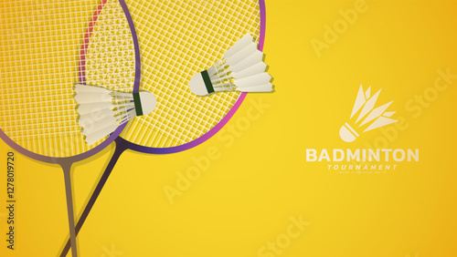 Badminton racket with white badminton shuttlecock background, badminton court indoor badminton sports wallpaper with copy space , illustration Vector EPS 10