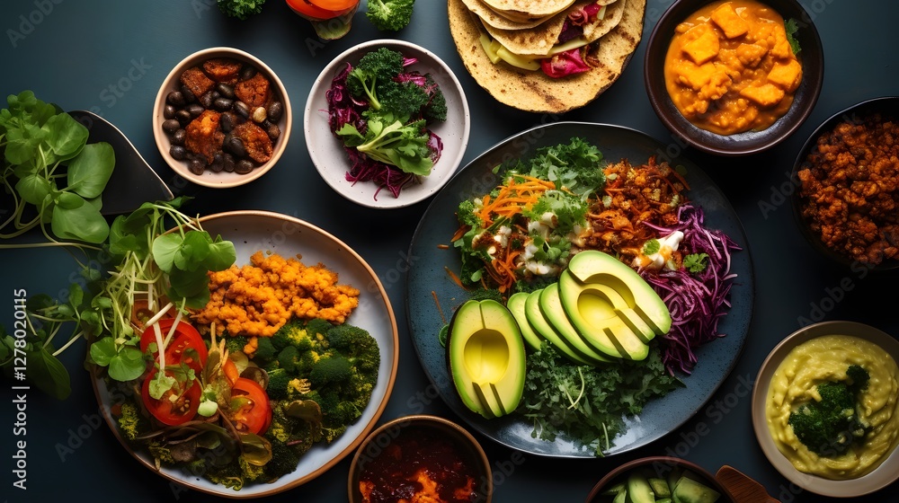 Overhead View of a Cozy and Nutritious Plant Based Brunch Setting with Freshly Squeezed Juices Wholesome Dishes and Nourishing Ingredients Laid Out on a Minimalist Table Overhead View of a Cozy and Nutritious Plant Based Brunch Setting with Freshly Squeezed Juices Wholesome Dishes and Nourishing Ingredients Laid Out on a Minimalist Table