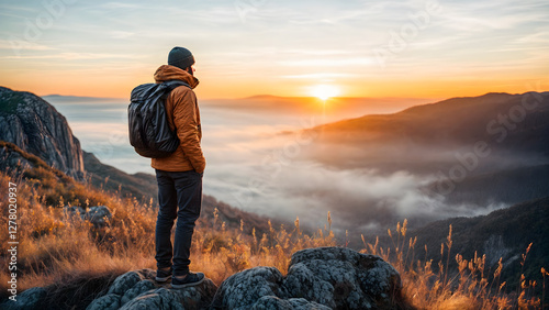 man standing on the top of the mountain