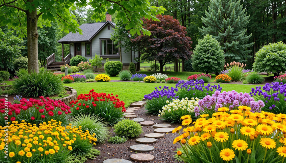 Fototapeta premium Charming house surrounded by a colorful garden with blooming flowers and pathways