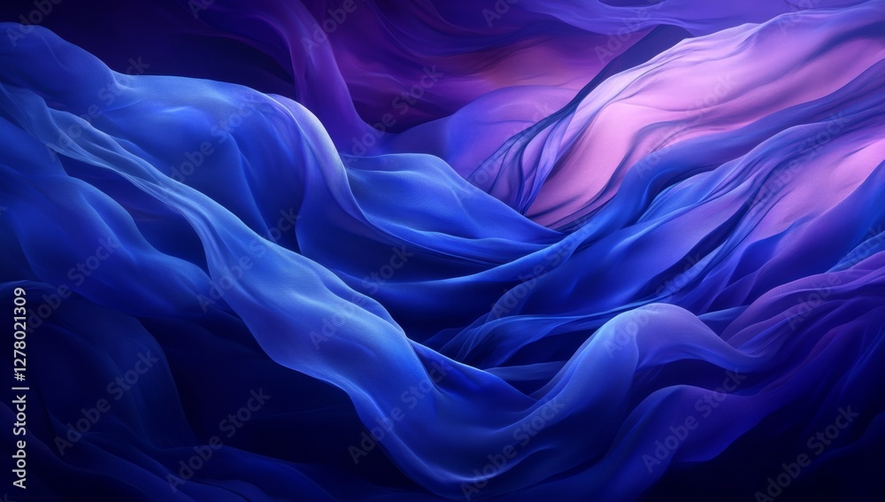 Obraz premium Blue silk waves flow, purple background, abstract design, website banner