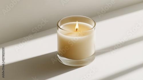 Wallpaper Mural Lit Beige Candle in Glass on White Surface with Sunlight Shadows Torontodigital.ca