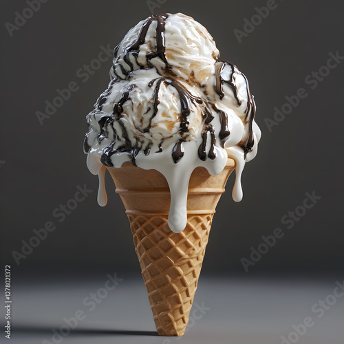 Decadent Delight: A luscious ice cream cone, with three scoops of creamy vanilla ice cream generously drizzled with rich chocolate sauce. The cone stands on a plain background.