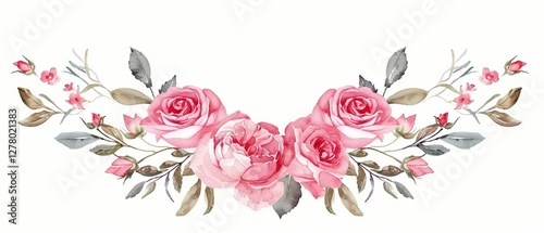 Hand-painted watercolor floral wreath with pink roses and elegant floral frames on white background – perfect for greeting card design