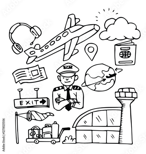 pilot job or jobs profession carreer doodle hand drawn sketch vector illustration
