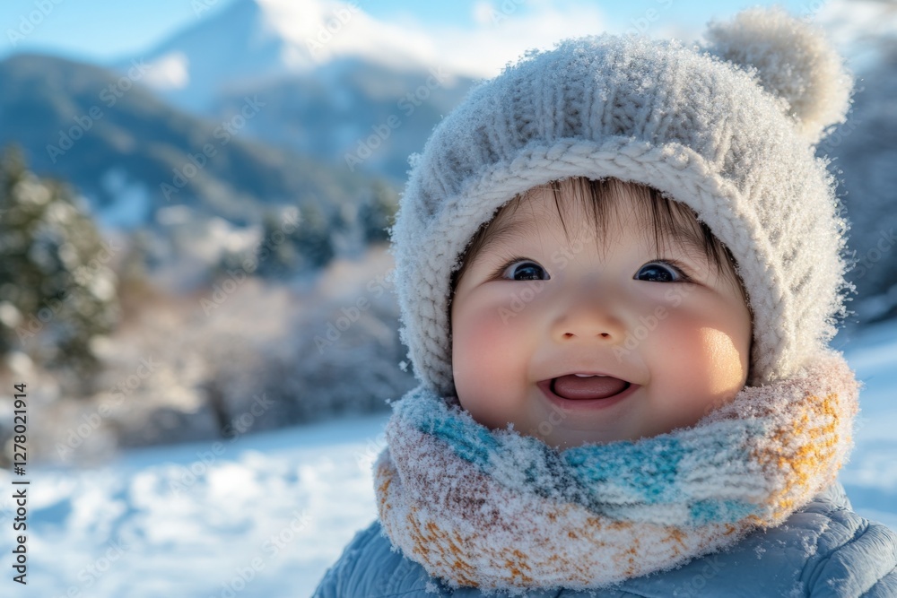 Happy child smiles with a fluffy hat and colorful scarf in a snowy mountain landscape during winter day Happy child smiles with a fluffy hat and colorful scarf in a snowy mountain landscape during winter day