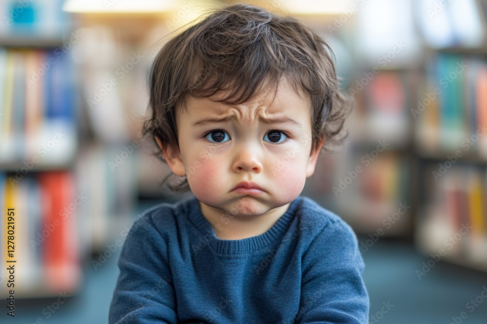 Young child expresses disappointment while seated in a library filled with books during daytime Young child expresses disappointment while seated in a library filled with books during daytime
