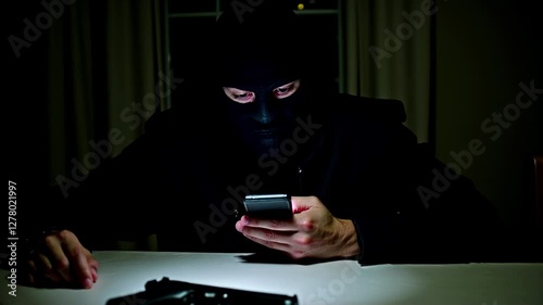 Robber in Balaclava Hacking Phone. Concept of Cyber Security