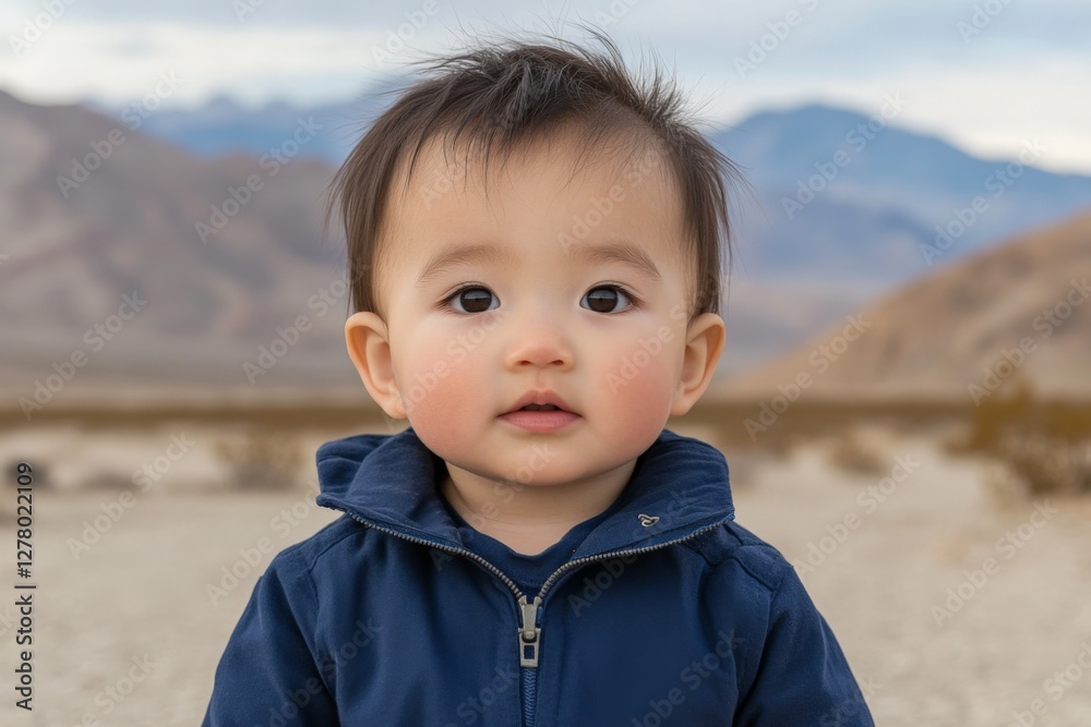 Child explores desert landscape with mountains in background during cloudy day Child explores desert landscape with mountains in background during cloudy day
