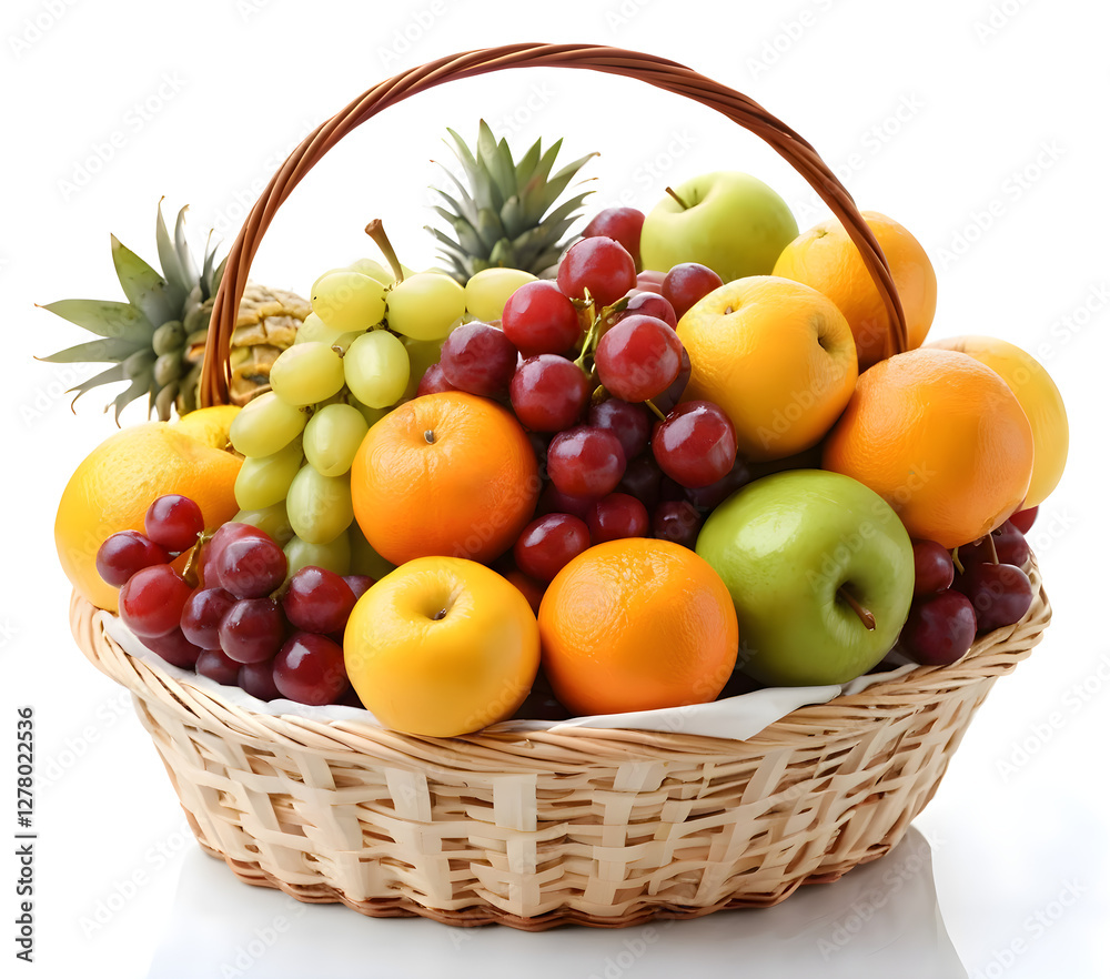A beautiful fresh fruit basket filled with a variety of colorful fruits, placed on a clean white background A beautiful fresh fruit basket filled with a variety of colorful fruits, placed on a clean white background