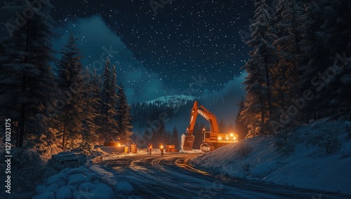 Snowy road construction at night, excavator, mountain background photo