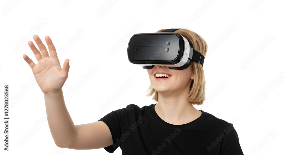 Smiling woman using virtual reality headset on white background
Smiling woman using virtual reality headset on white background