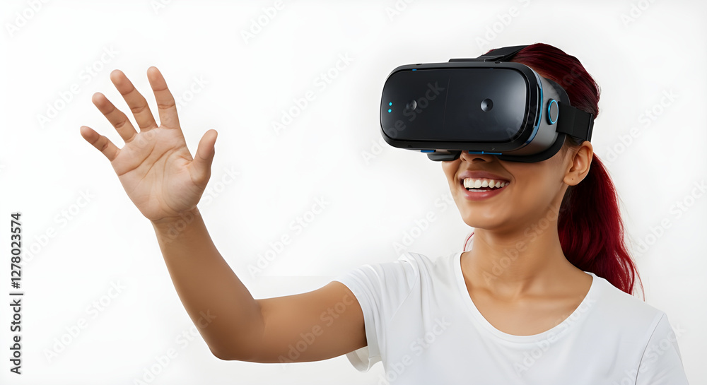 Smiling woman using virtual reality headset on white background
Smiling woman using virtual reality headset on white background