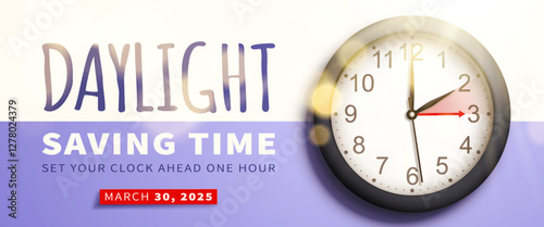 Spring Forward. Daylight saving time banner with realistic black 3d wall clock bright sun rays and bokeh on lilac background. Set your clock ahead one hour on 30 March 2025. Vector illustration