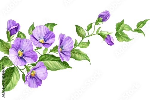 Vibrant Purple Pansies: A Stunning Close-Up of Delicate Blossoms with Lush Green Foliage, Isolated on White for Seamless Design Integration. Perfect for Springtime Themes, Floral Arrangements,        