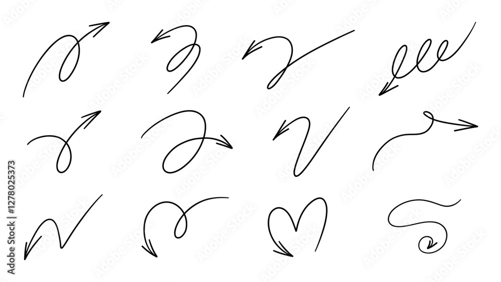 Naklejka premium Set arrows different handwritten, line art style ,Hand drawn design elements , Flat Modern design, isolated on white background, illustration vector EPS 10
