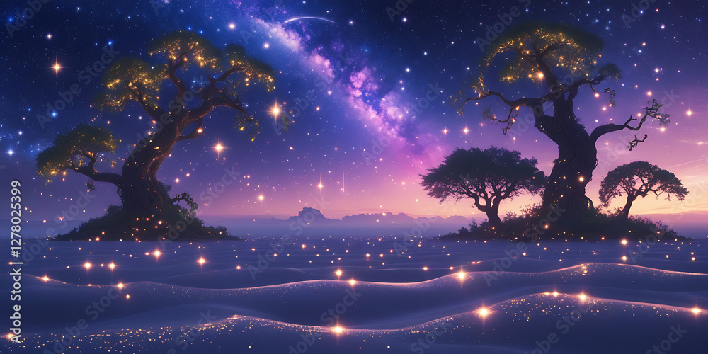 Naklejka premium a breathtakingly detailed 4D photorealistic depiction of a vibrant, luminescent constellation sprawling across the starry night sky above a majestic desert, created by generative ai