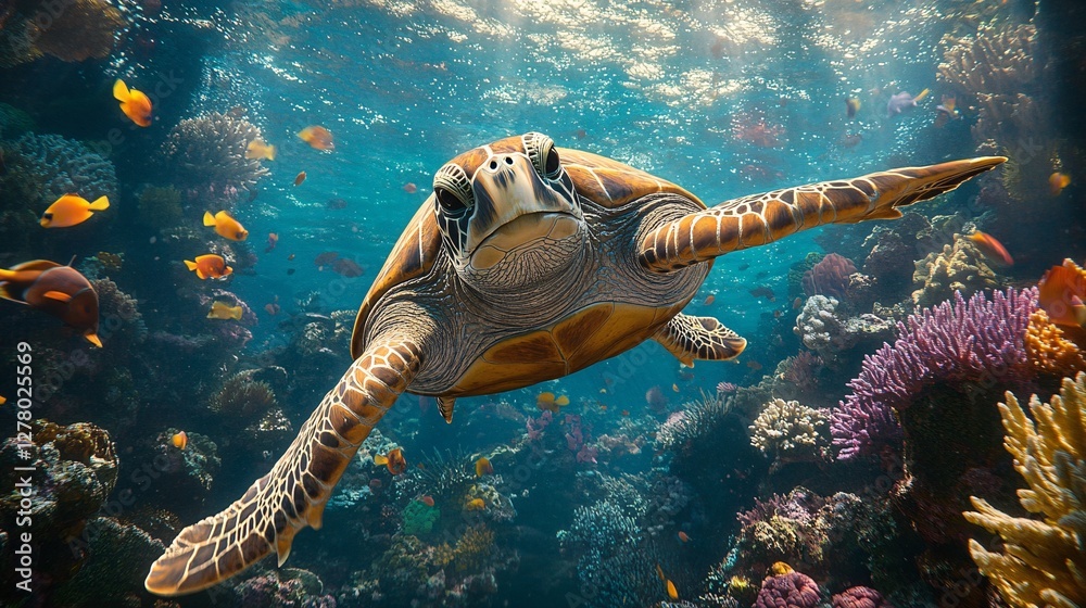 Fototapeta premium Graceful sea turtle swimming through vibrant coral reef underwater marine life nature scene