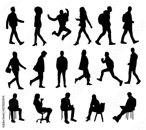 Silhouettes of different People Standing, walking, sitting, running, jumping. Male, Female Characters Back black vector monochrome illustrations, icons Isolated
