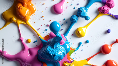 Close-up of colorful paint splashes on a white background photo