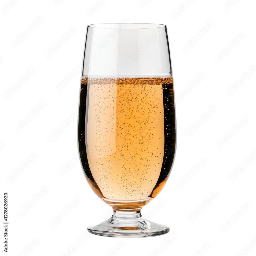 A sparkling beverage served in a stylish glass, showcasing bubbles and a golden hue. isolated on white background. A sparkling beverage served in a stylish glass, showcasing bubbles and a golden hue. isolated on white background.