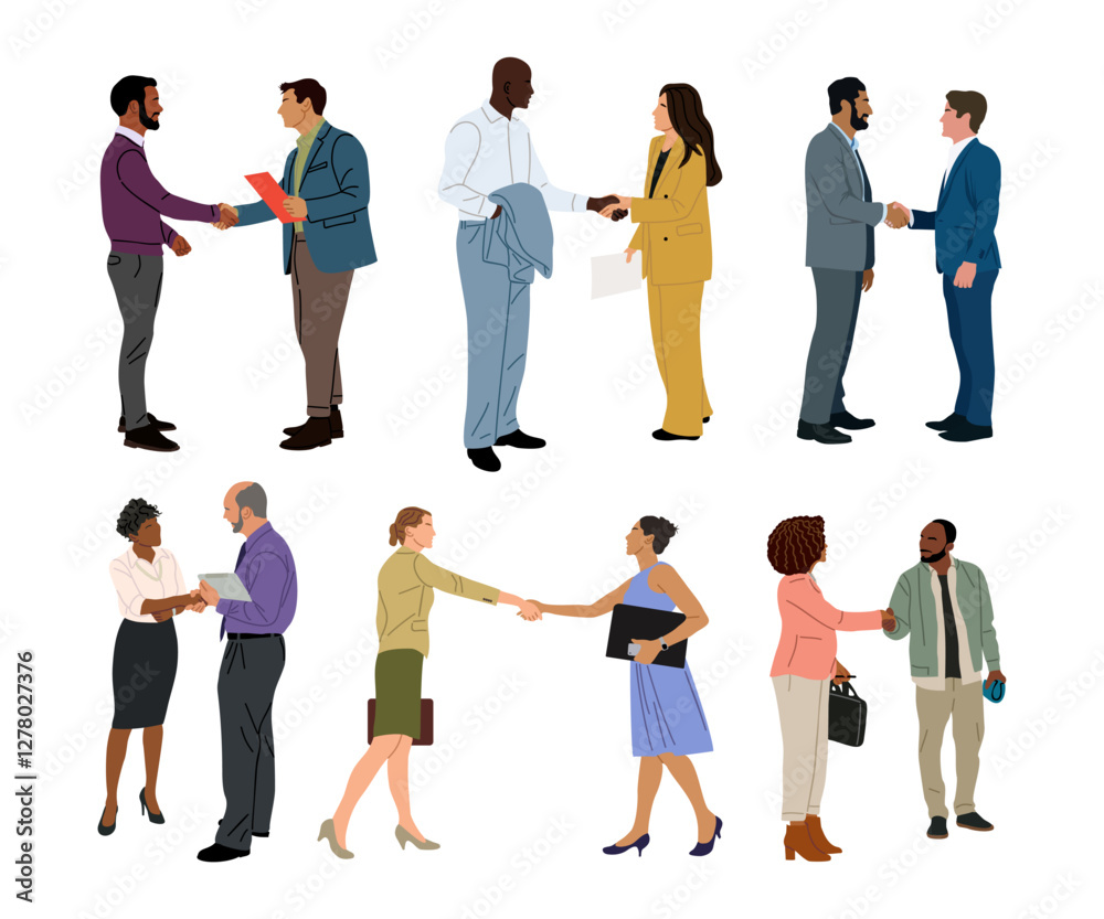 Obraz premium Diverse Business people shaking hands set. Agreement, trust, cooperation concept. Greeting gesture, handshake of multiracial businessmen, businesswomen. Vector illustration isolated