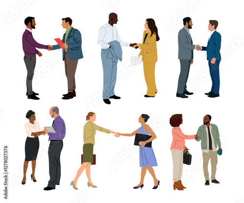 Diverse Business people shaking hands set. Agreement, trust, cooperation concept. Greeting gesture, handshake of multiracial businessmen, businesswomen. Vector illustration isolated