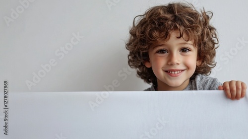 happy child holding blank sign adorable kid with curly hair photo