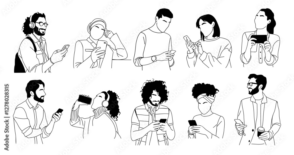 Different People holding, using mobile phones set. Line art Characters with smartphones in hands. Men, women texting, surfing internet, chatting. Vector outline drawing on transparent background. Different People holding, using mobile phones set. Line art Characters with smartphones in hands. Men, women texting, surfing internet, chatting. Vector outline drawing on transparent background.